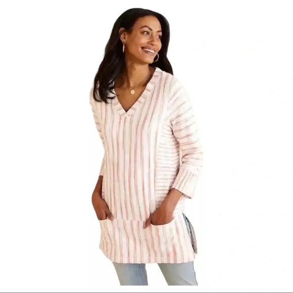 Soft Surroundings Medium Briza V-Neck French Terry Tunic Orange & White Stripe - Picture 2 of 7